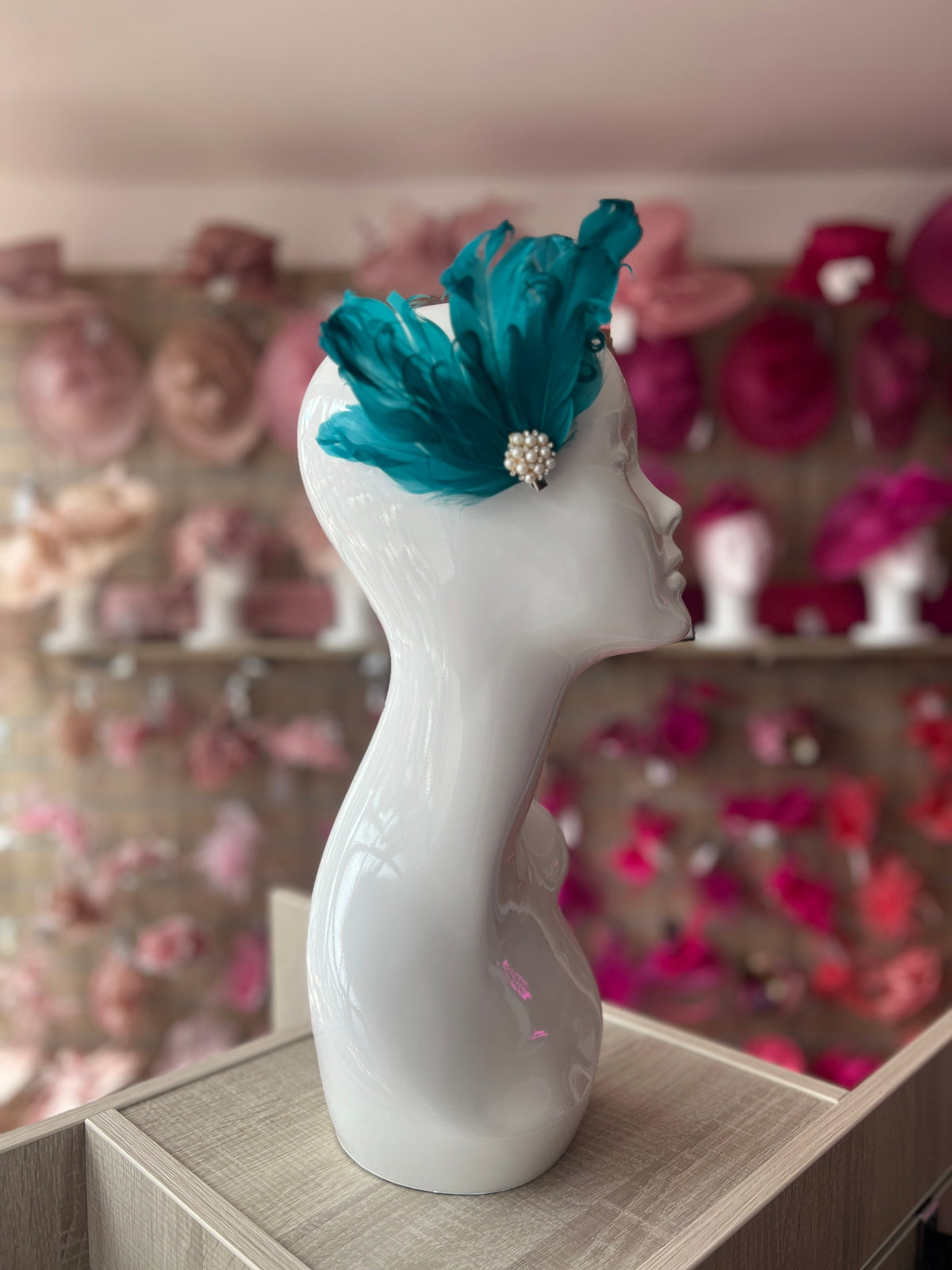 Teal Fascinator Clip with Vintage Feathers &amp; Pearls-Fascinators Direct