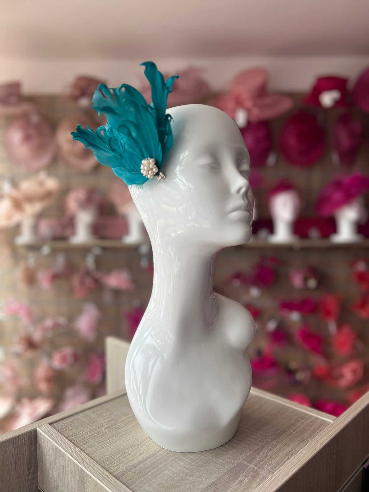 Teal Fascinator Clip with Vintage Feathers &amp; Pearls-Fascinators Direct