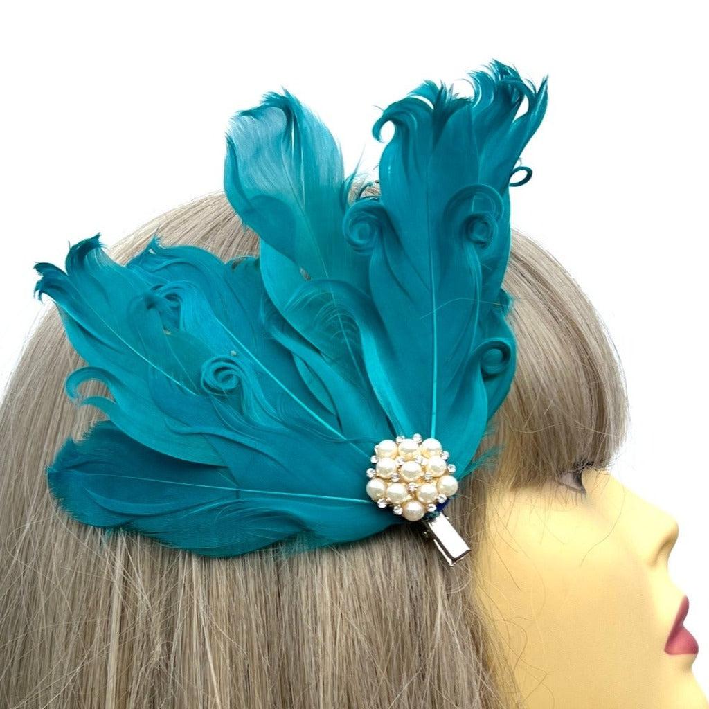 Teal Fascinator Clip with Vintage Feathers Pearls