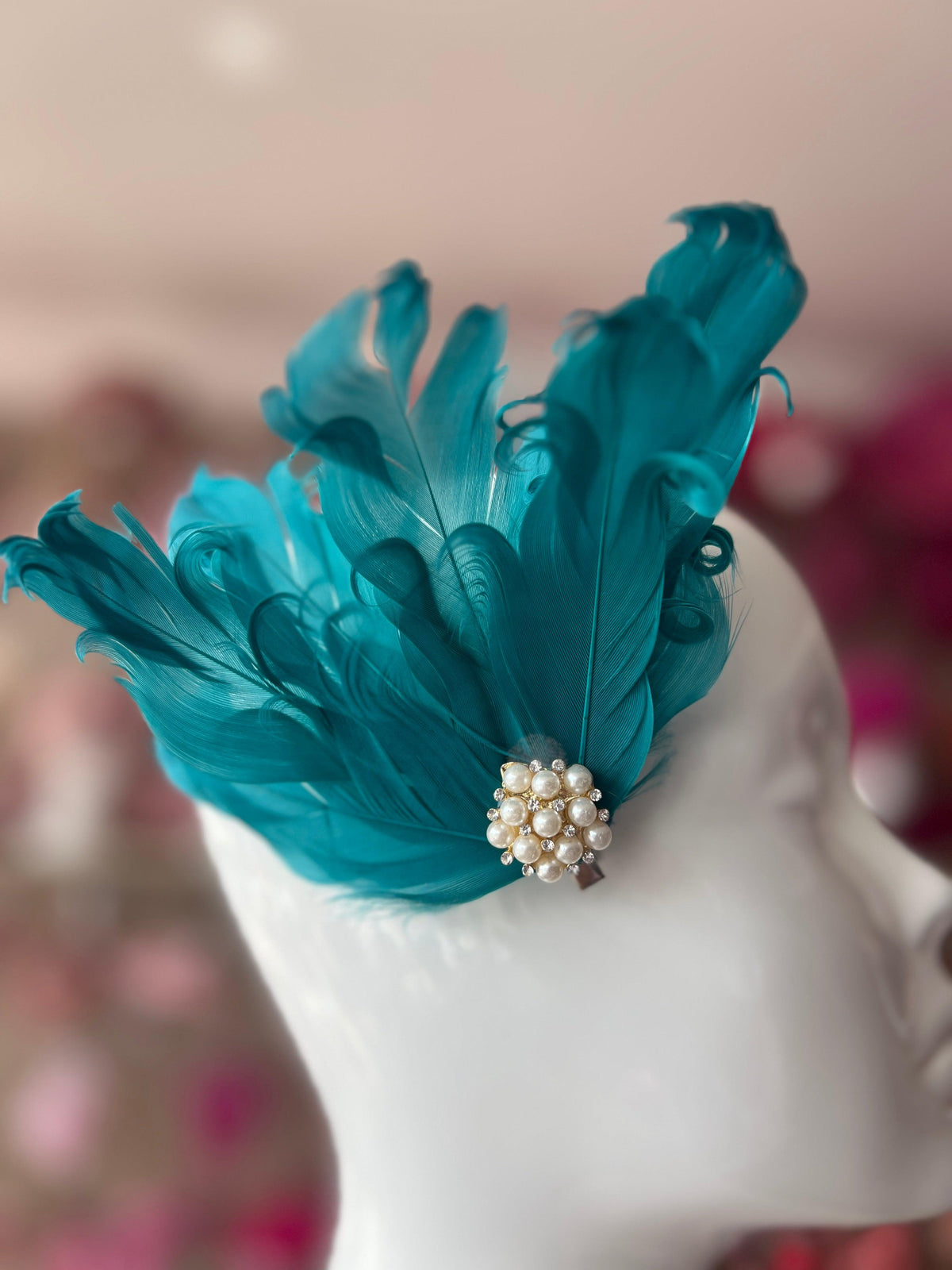 Teal Fascinator Clip with Vintage Feathers &amp; Pearls-Fascinators Direct