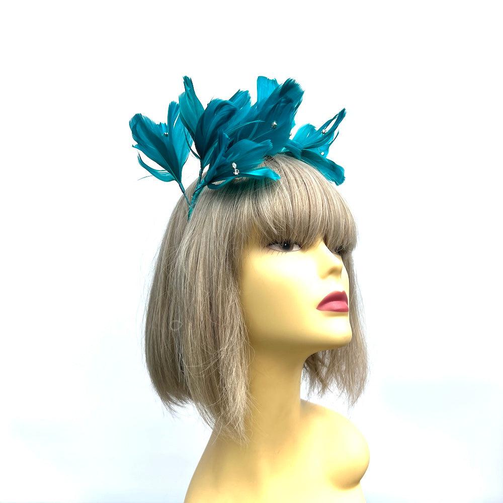 Teal Fascinator Headband with Feather Petals & Diamanté-Fascinators Direct