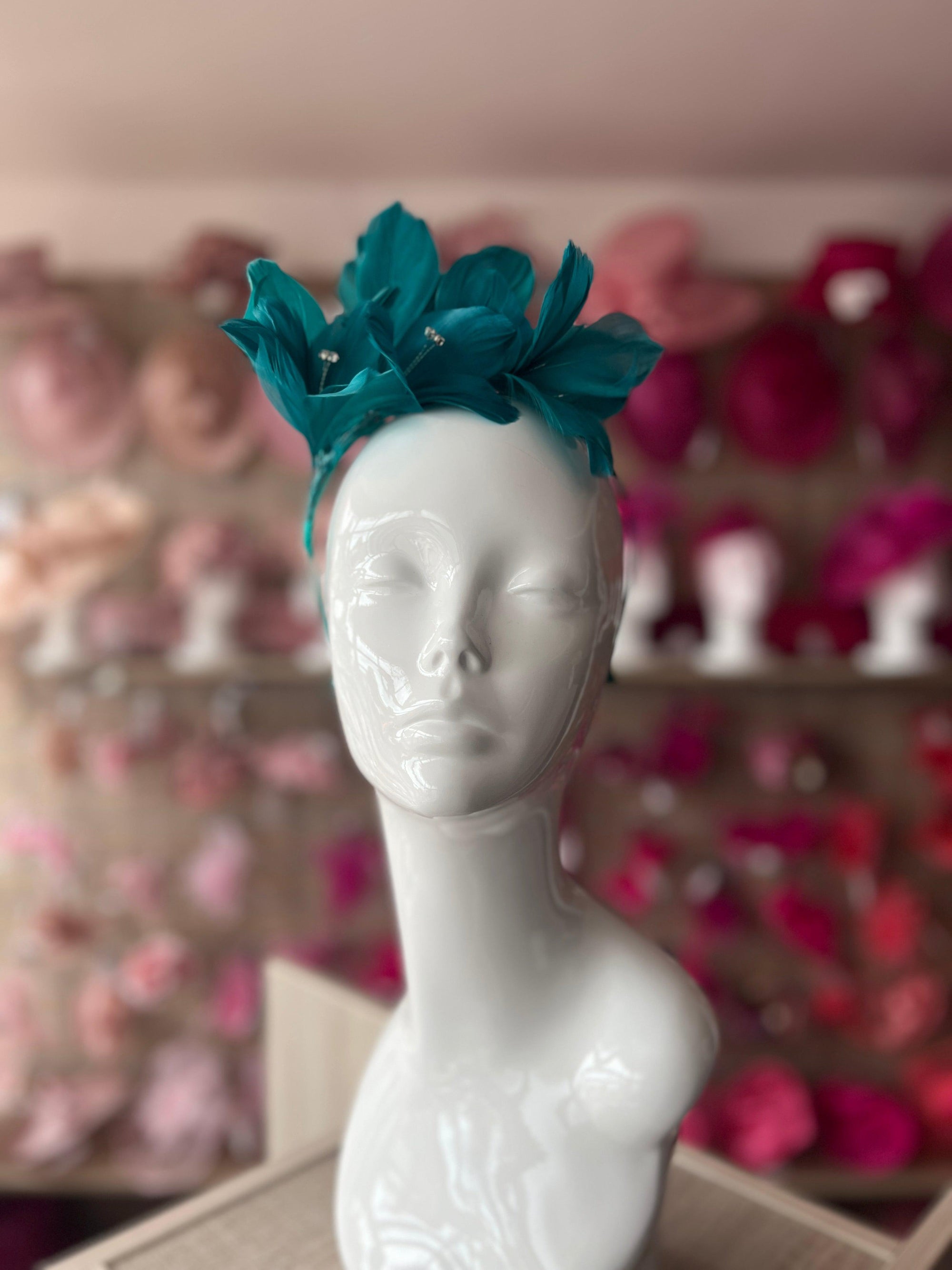 Teal Fascinator Headband with Feather Petals & Diamanté-Fascinators Direct