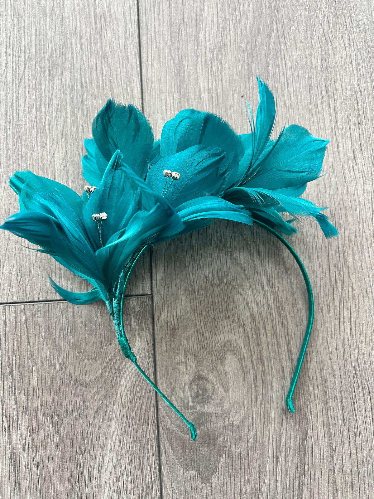 Teal Fascinator Headband with Feather Petals &amp; Diamanté-Fascinators Direct