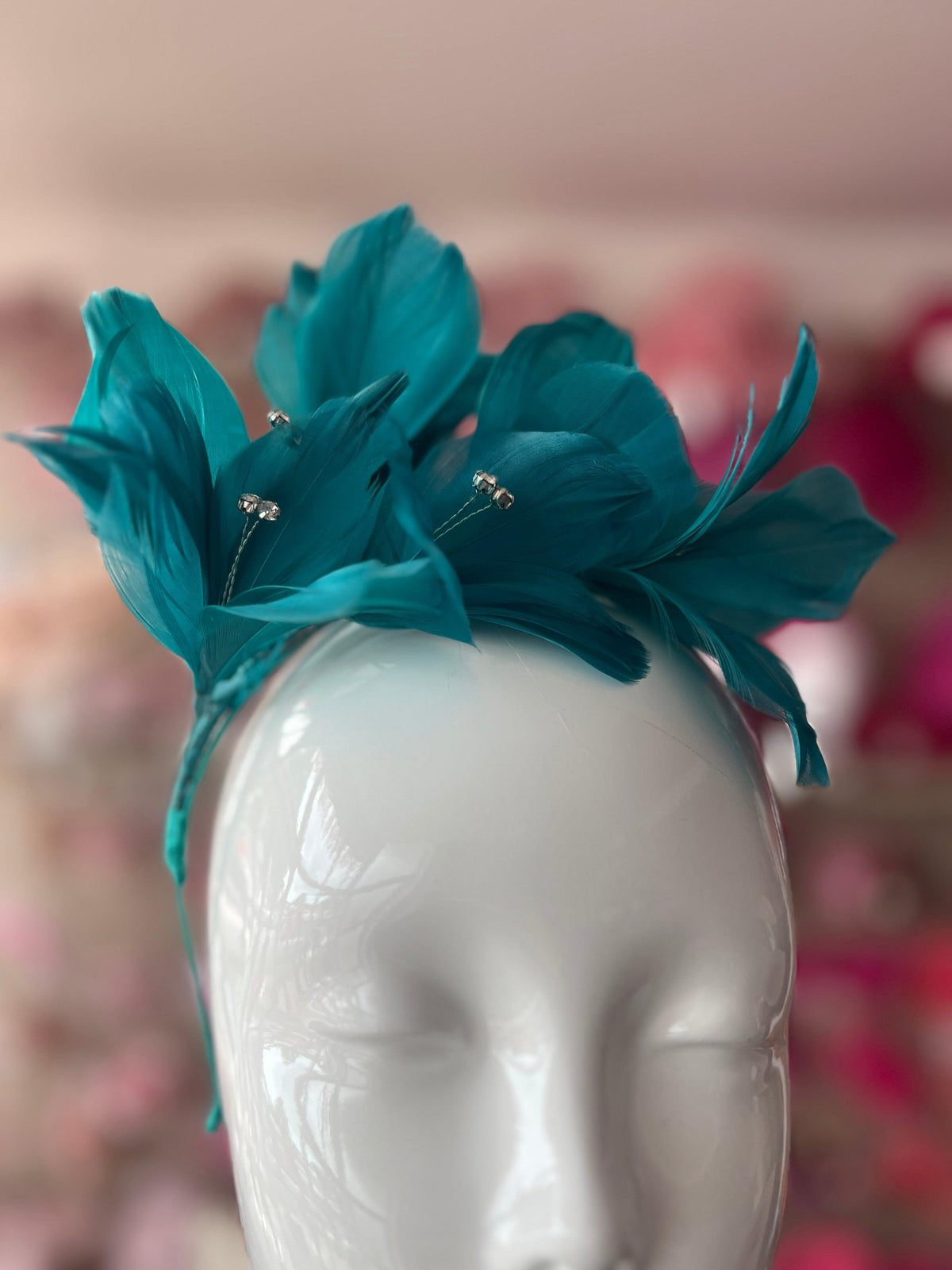 Teal Fascinator Headband with Feather Petals &amp; Diamanté-Fascinators Direct