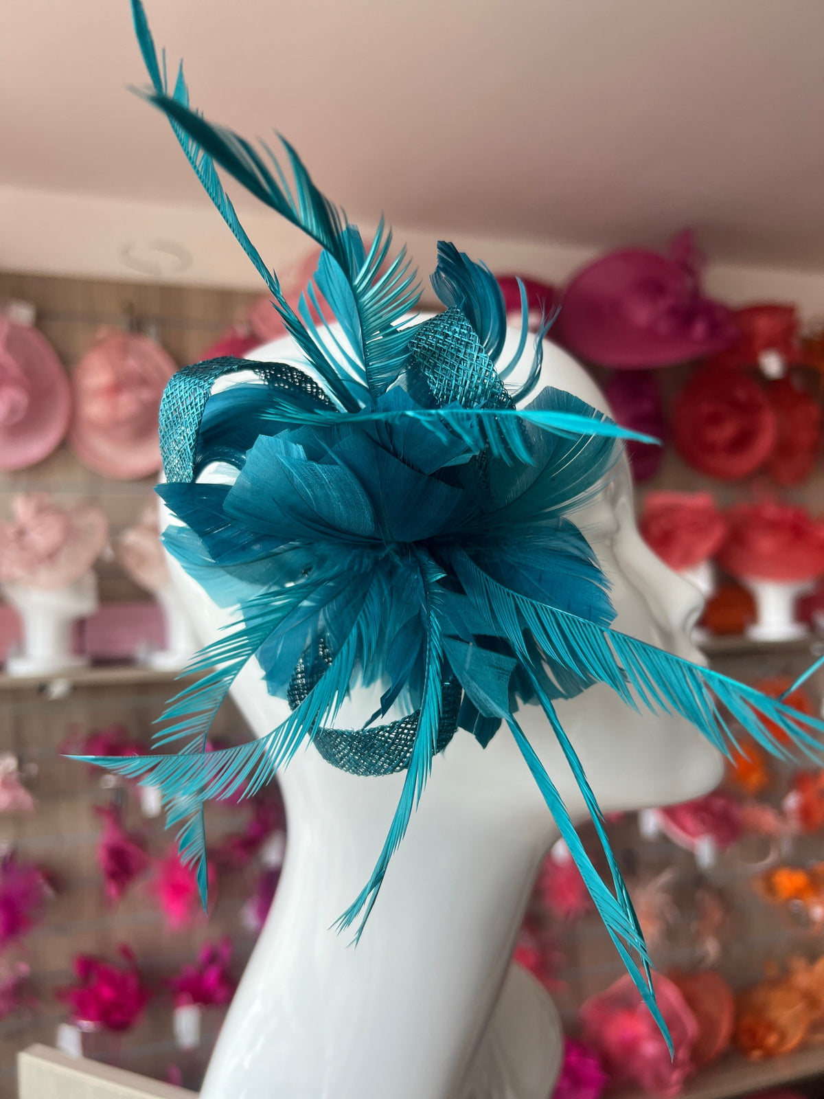Teal Fascinator with Loops &amp; Feather Flower-Fascinators Direct