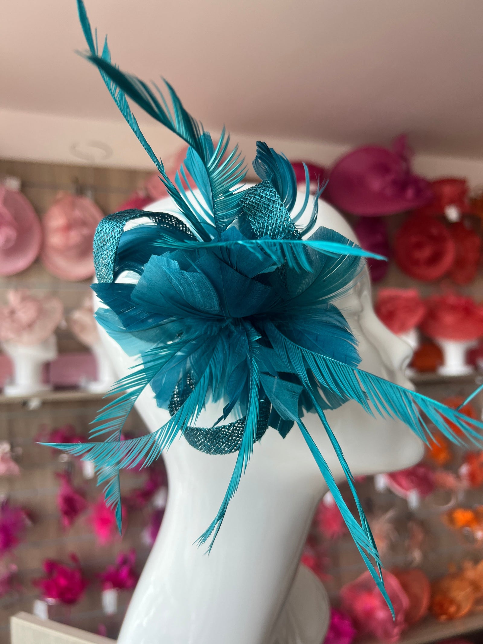Teal Fascinator with Loops & Feather Flower-Fascinators Direct