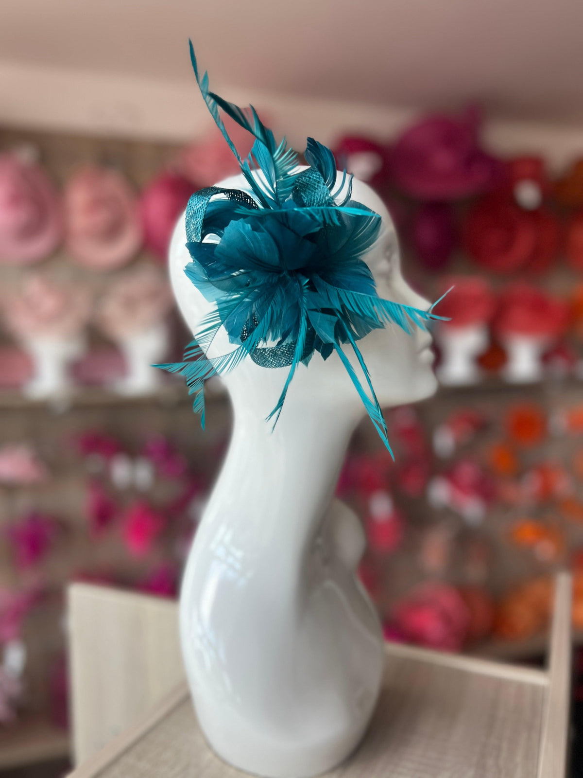 Teal Fascinator with Loops &amp; Feather Flower-Fascinators Direct