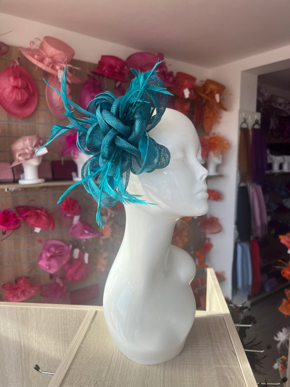 Teal Flower Fascinator with Loops &amp; Feathers-Fascinators Direct