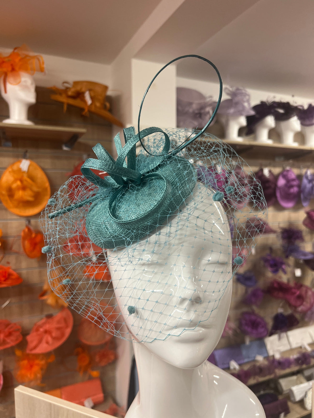 Teal Pillbox Hat with Veil &amp; Curled Quill-Fascinators Direct