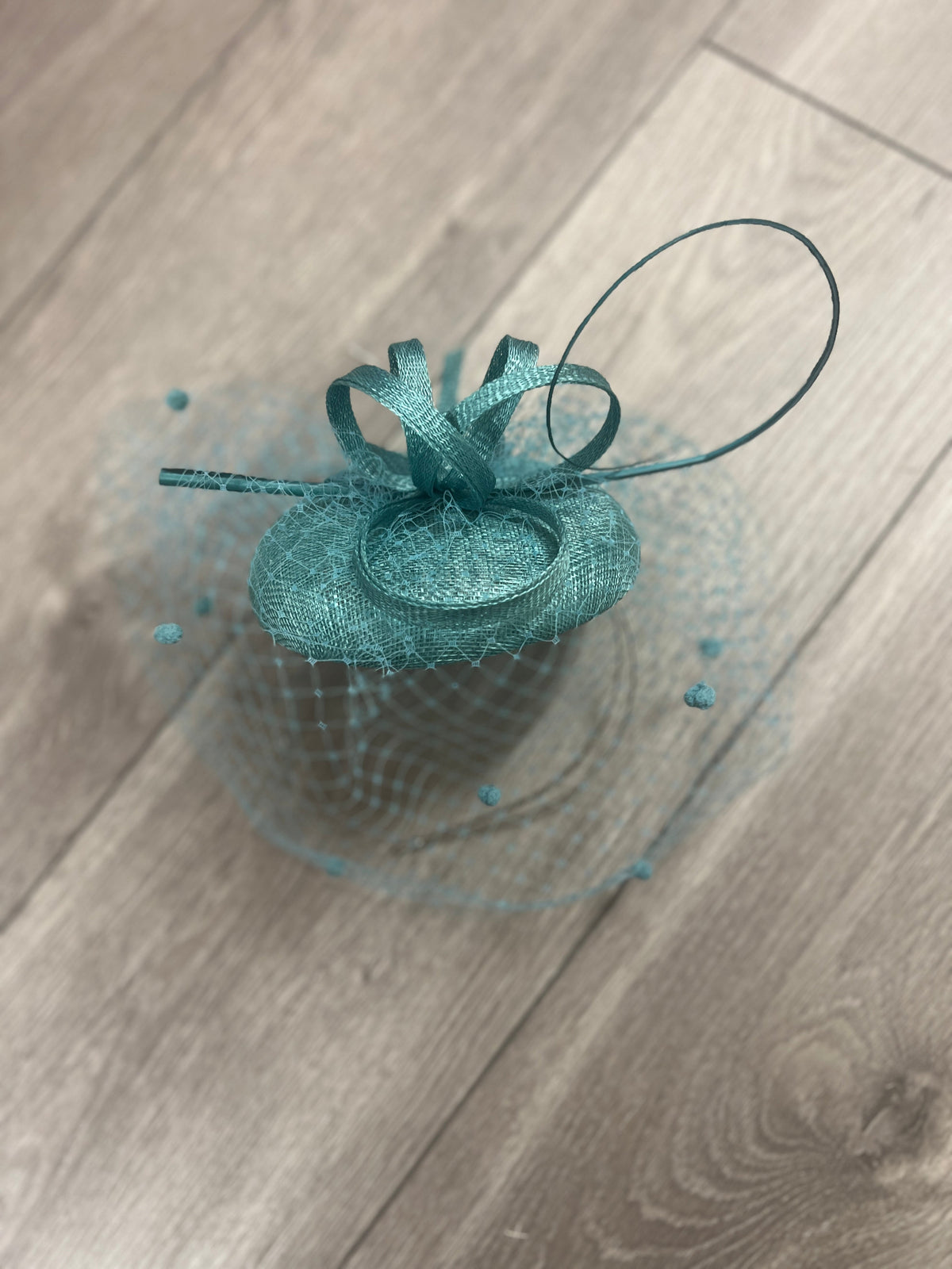Teal Pillbox Hat with Veil &amp; Curled Quill-Fascinators Direct