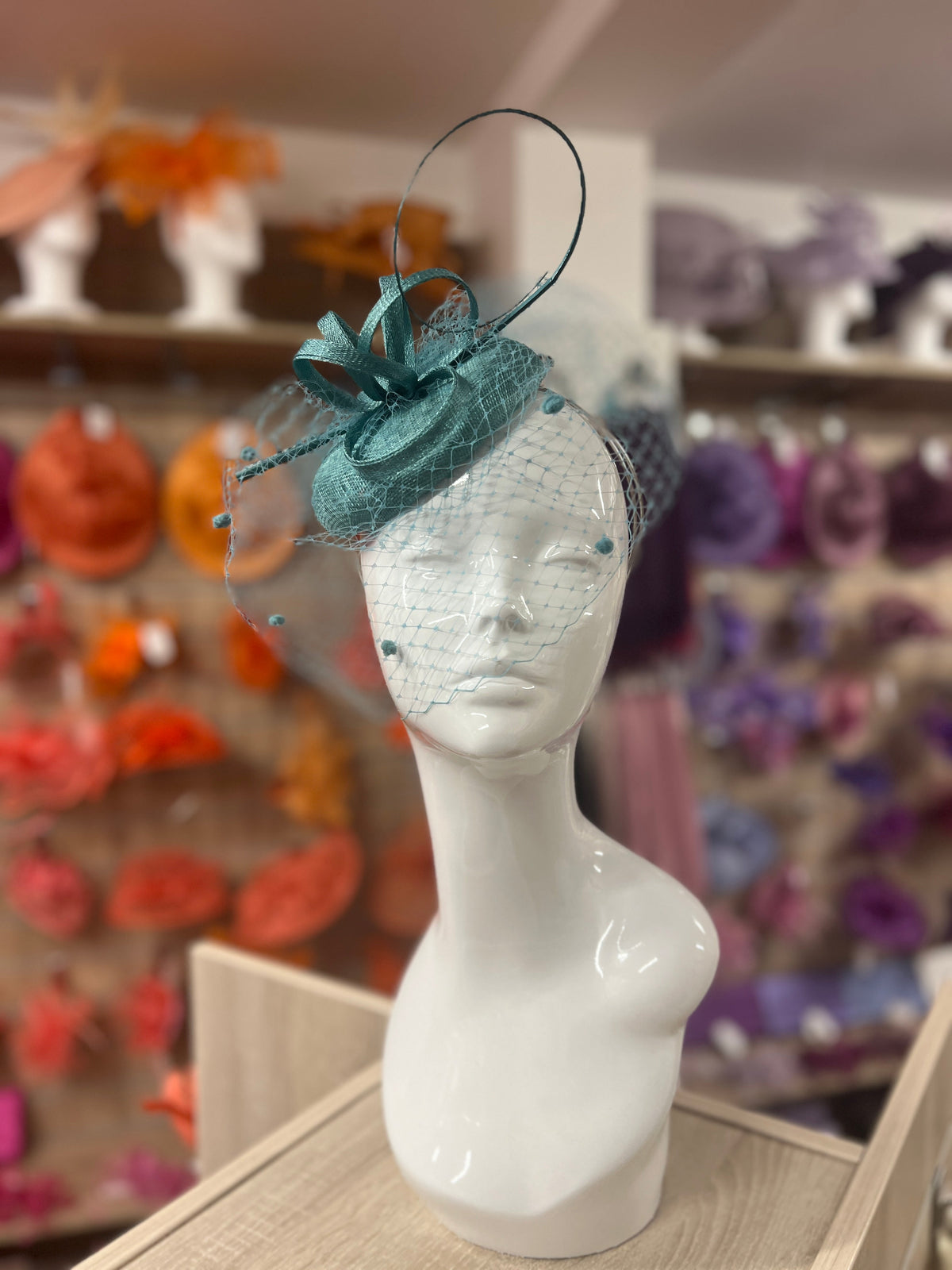 Teal Pillbox Hat with Veil &amp; Curled Quill-Fascinators Direct