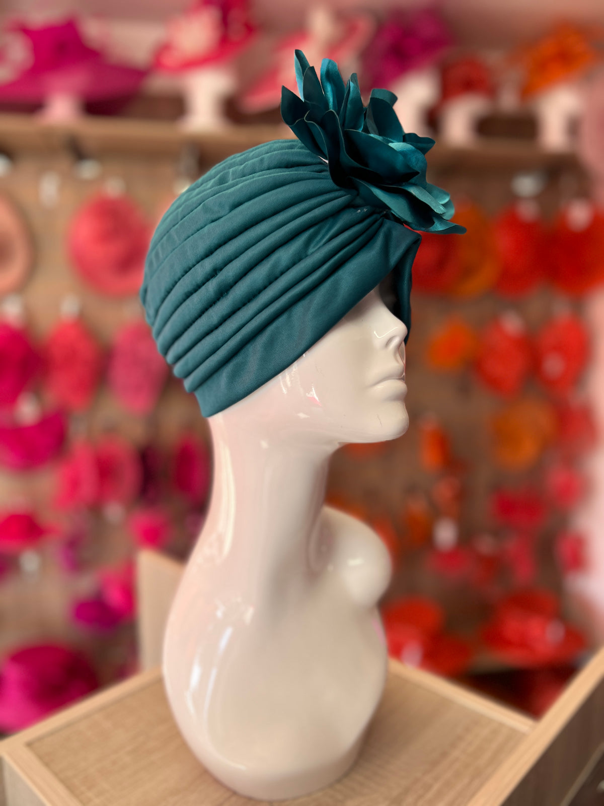 Teal Turban With Large Satin Flower-Fascinators Direct