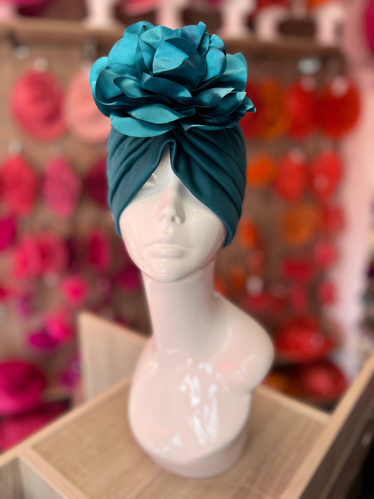 Teal Turban With Large Satin Flower-Fascinators Direct