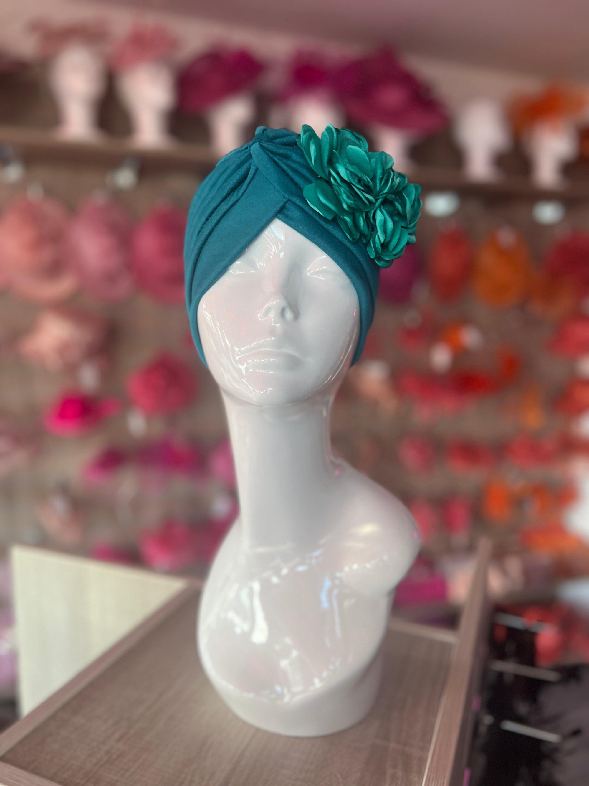 Teal Vintage Double Flower Turban Hat-Fascinators Direct