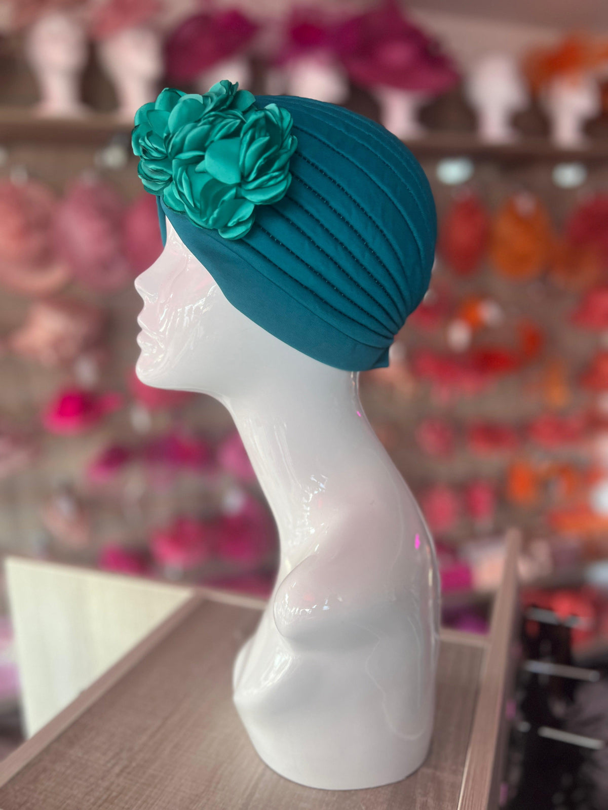 Teal Vintage Double Flower Turban Hat-Fascinators Direct