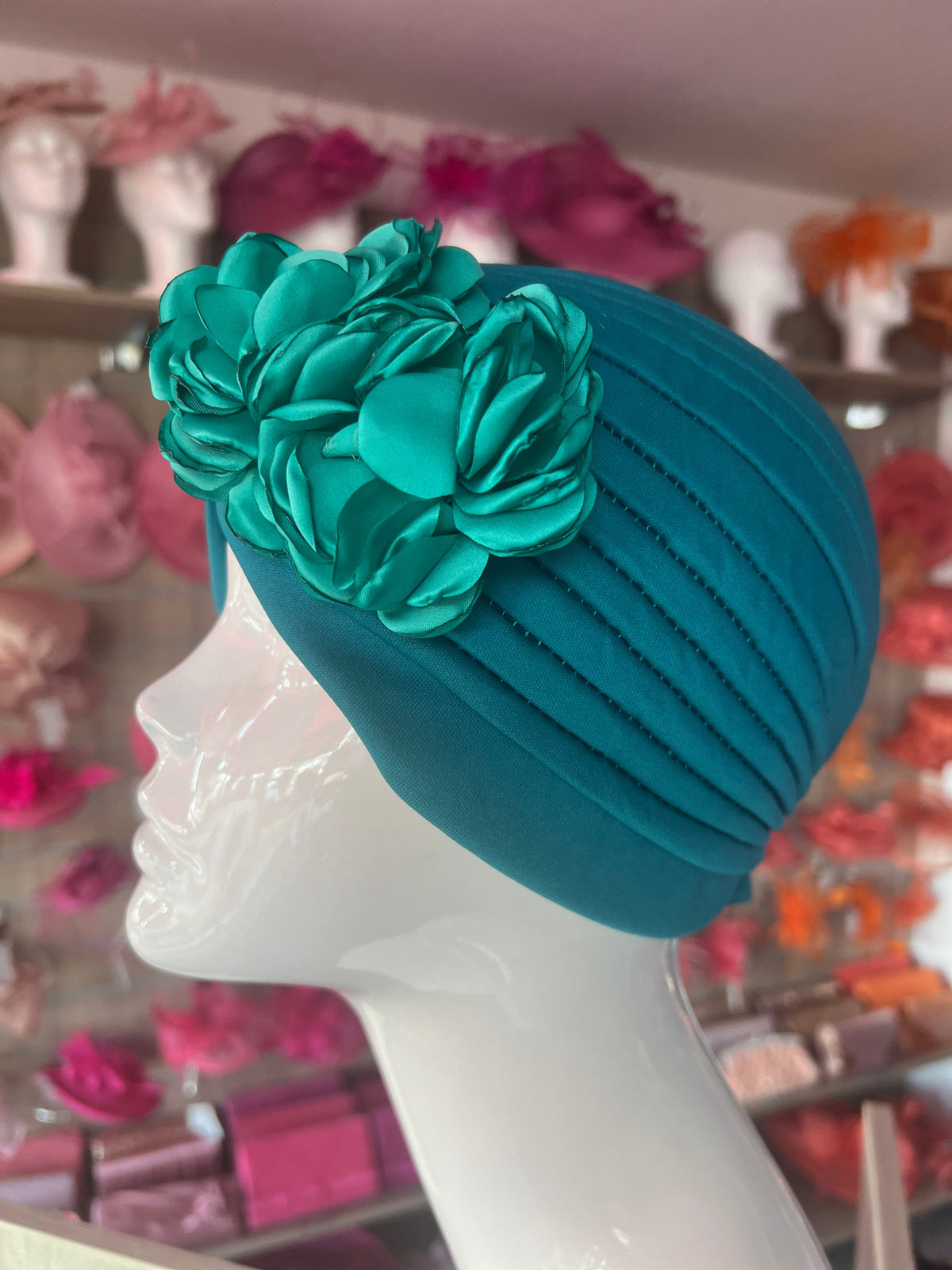 Teal Vintage Double Flower Turban Hat-Fascinators Direct