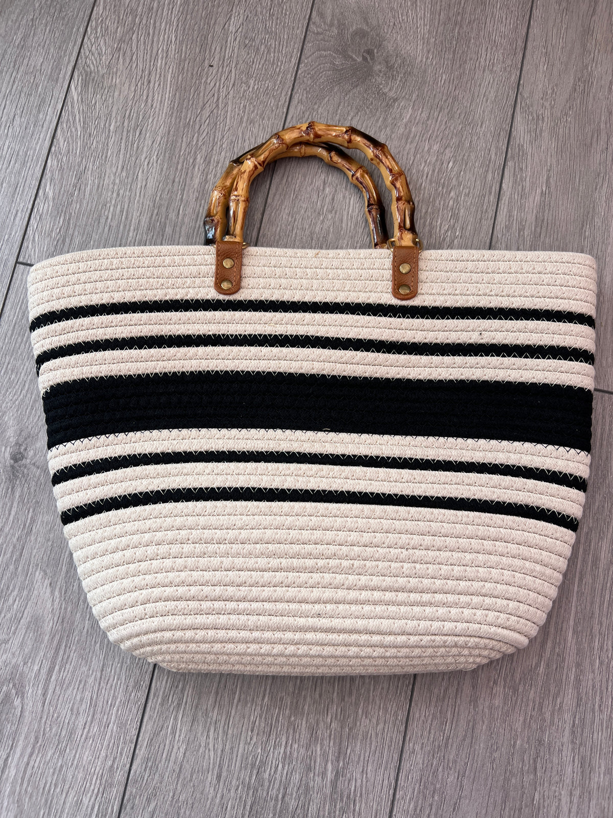 Tote Beach Bag With Bamboo Handles Beige &amp; Black Stripe-Fascinators Direct