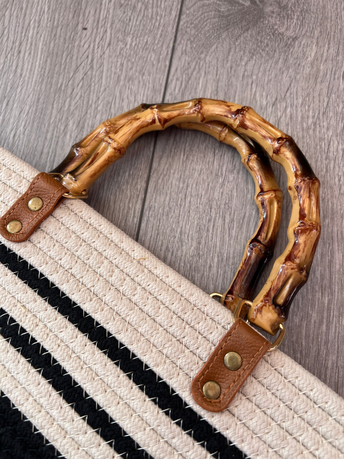 Tote Beach Bag With Bamboo Handles Beige &amp; Black Stripe-Fascinators Direct