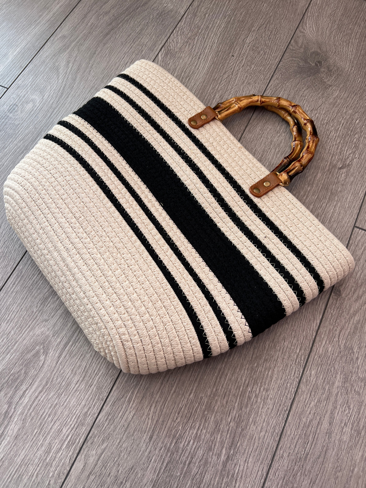 Tote Beach Bag With Bamboo Handles Beige &amp; Black Stripe-Fascinators Direct