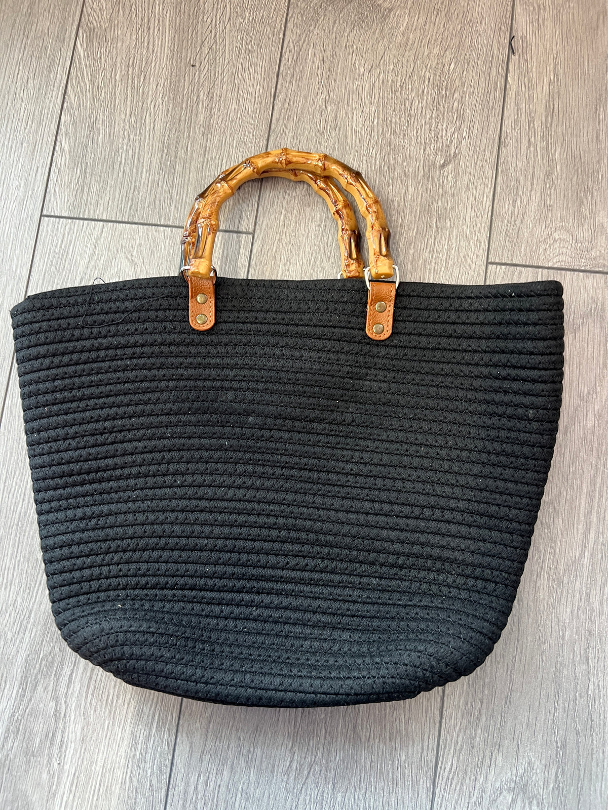 Tote Beach Bag With Bamboo Handles Black-Fascinators Direct