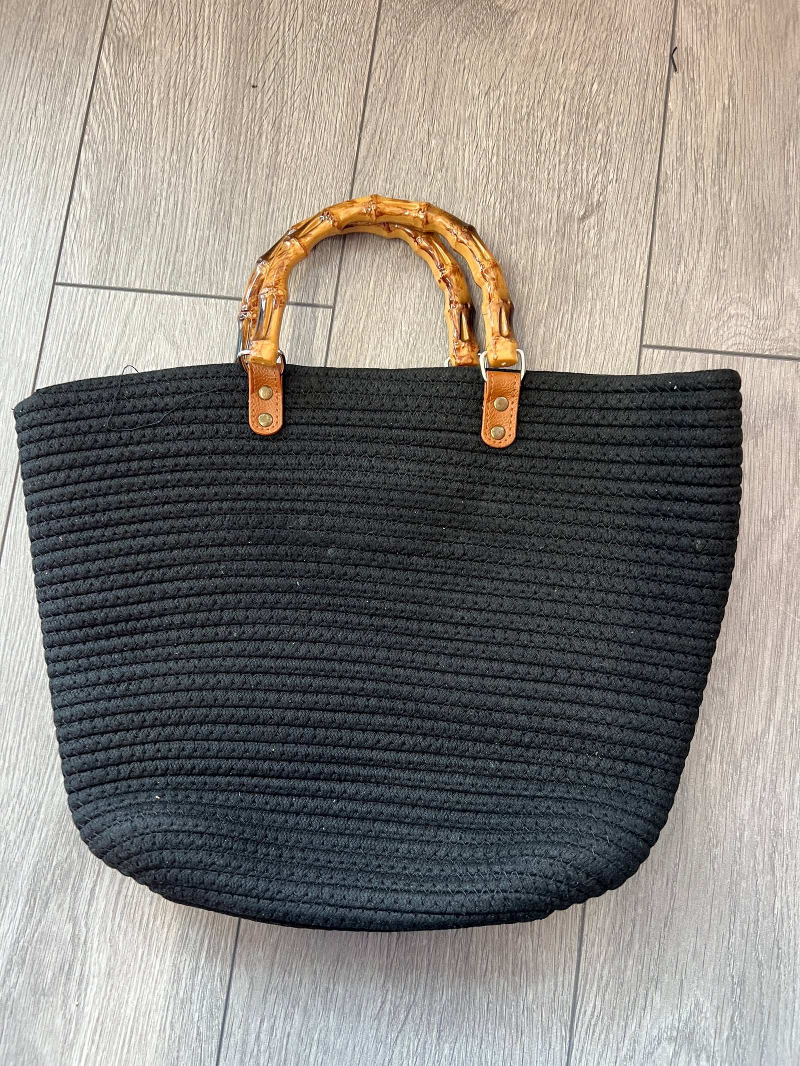Tote Beach Bag With Bamboo Handles Black-Fascinators Direct