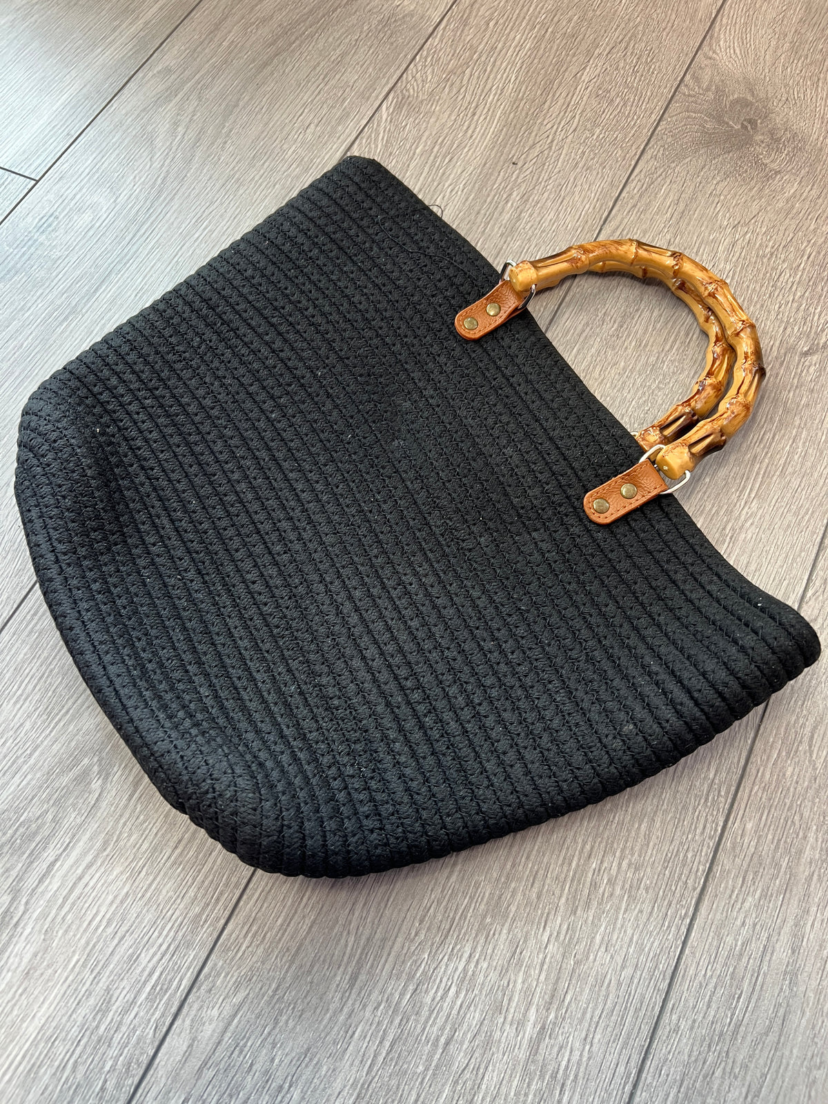 Tote Beach Bag With Bamboo Handles Black-Fascinators Direct