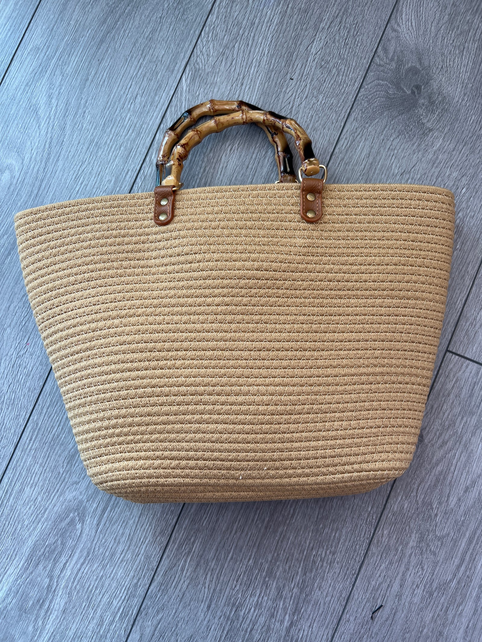 Tote Beach Bag With Bamboo Handles Tan-Fascinators Direct