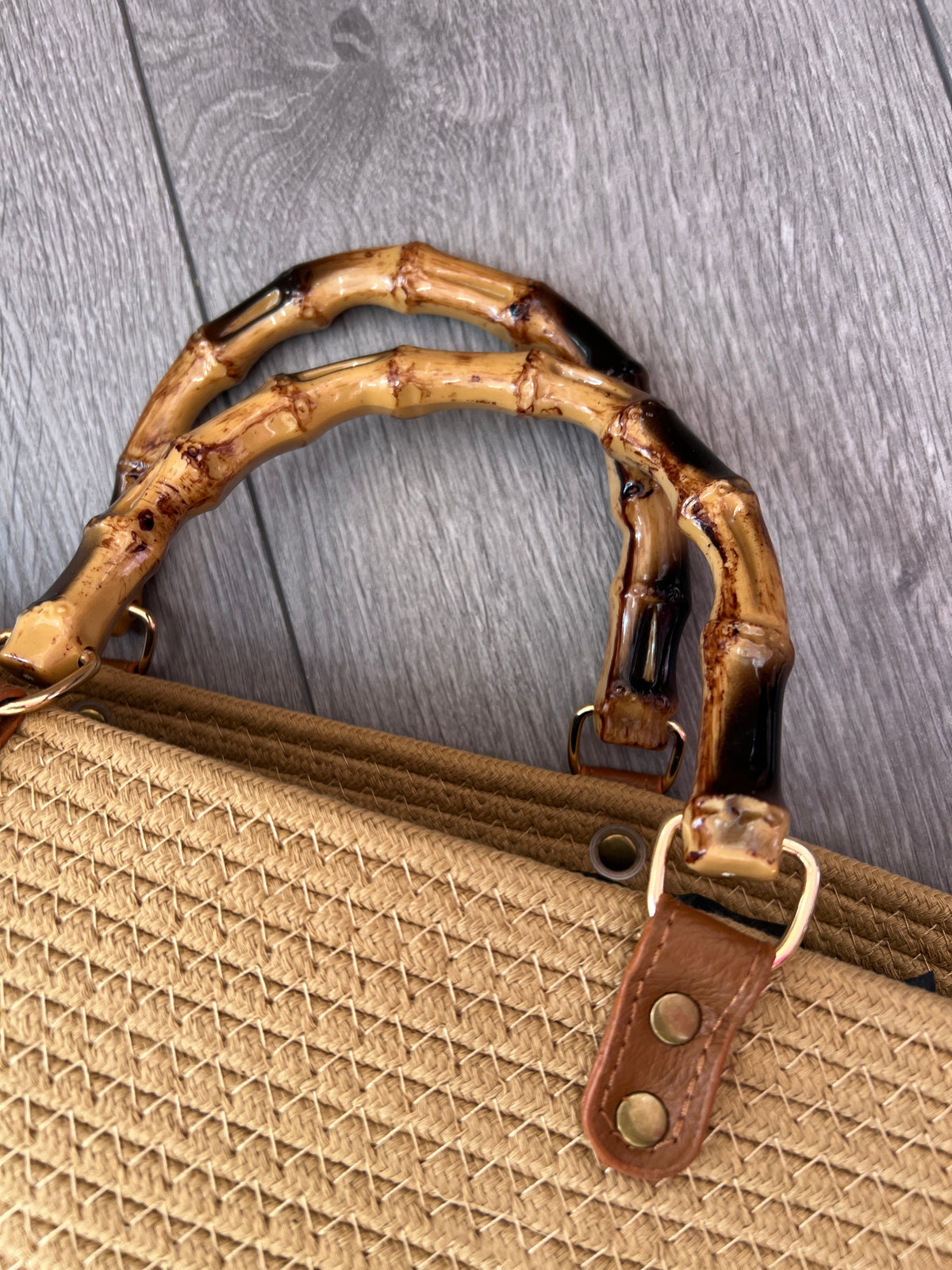 Tote Beach Bag With Bamboo Handles Tan-Fascinators Direct