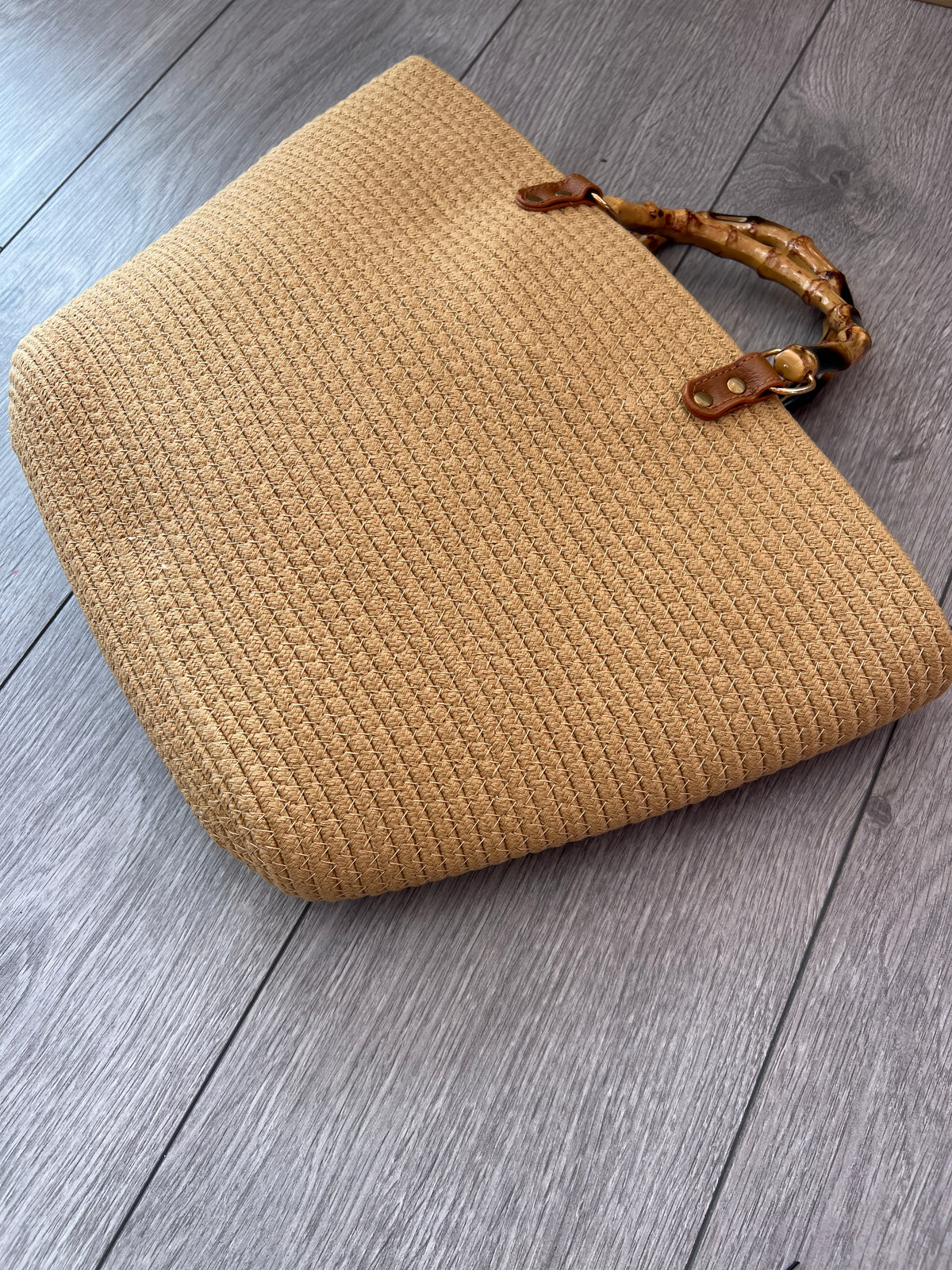 Tote Beach Bag With Bamboo Handles Tan-Fascinators Direct