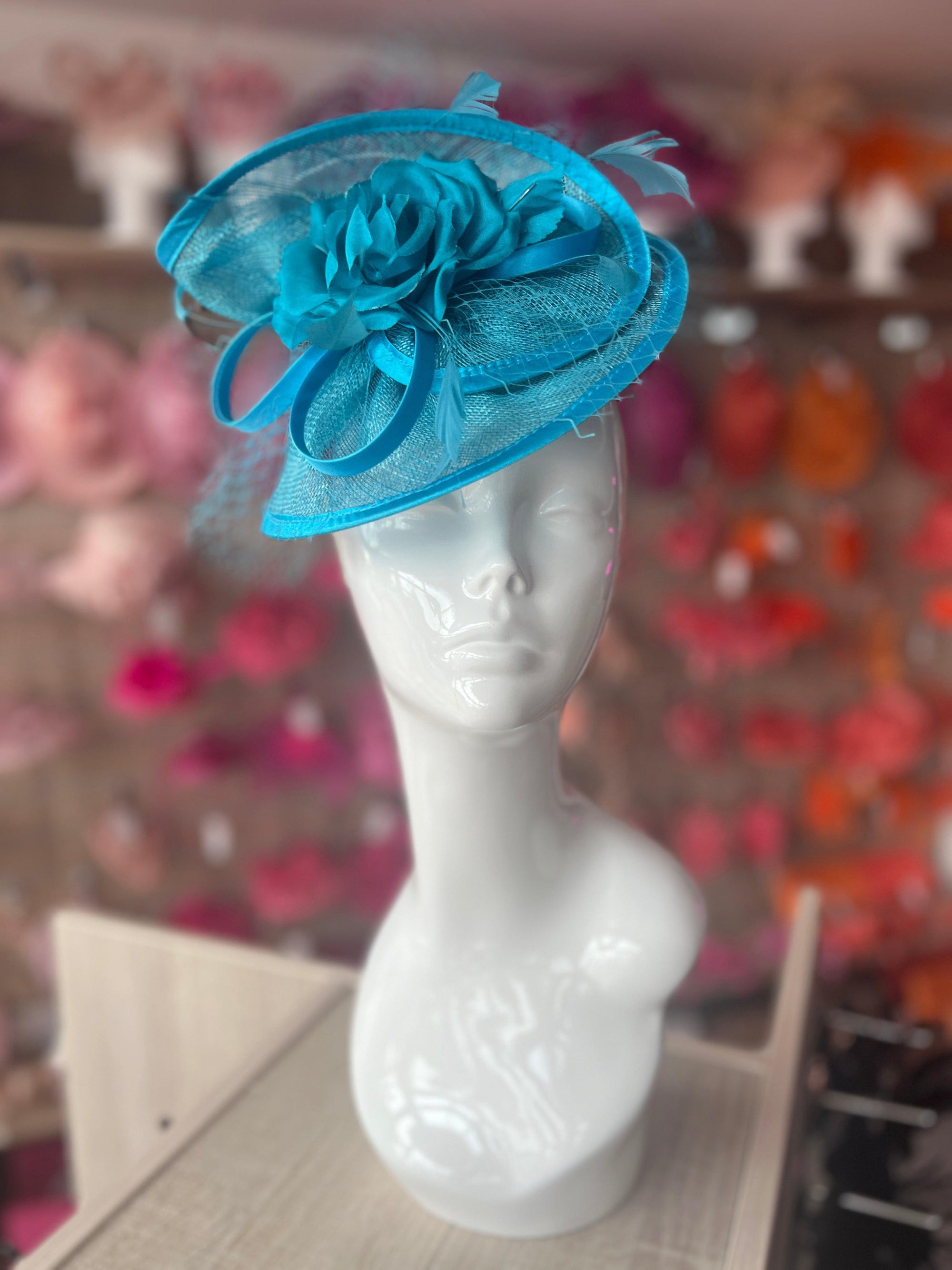 Turquoise Disc Fascinator with Fabric Rose & Netting-Fascinators Direct