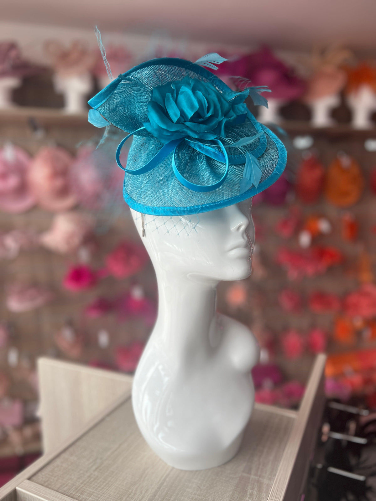 Turquoise Disc Fascinator with Fabric Rose &amp; Netting-Fascinators Direct