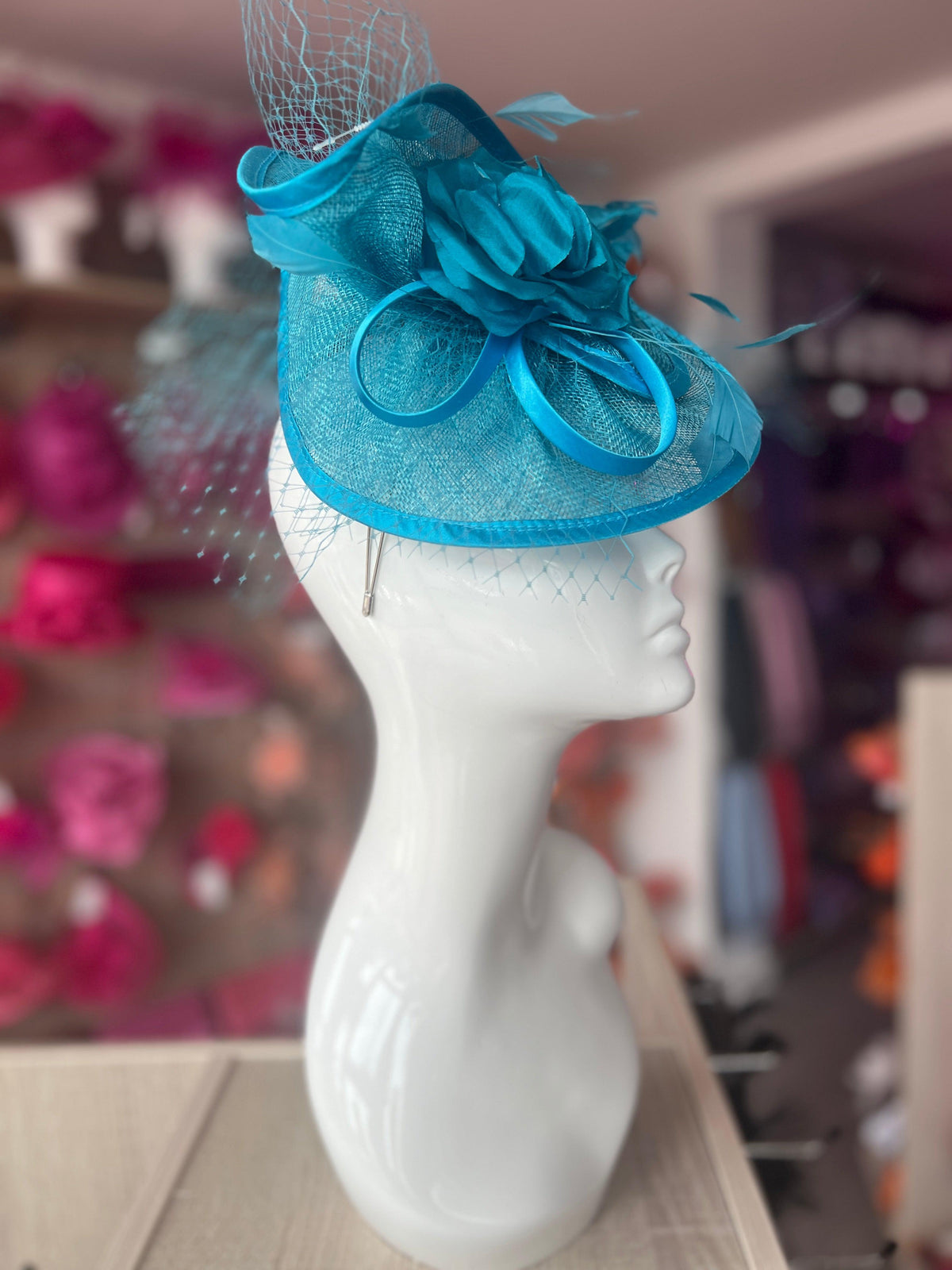 Turquoise Disc Fascinator with Fabric Rose &amp; Netting-Fascinators Direct