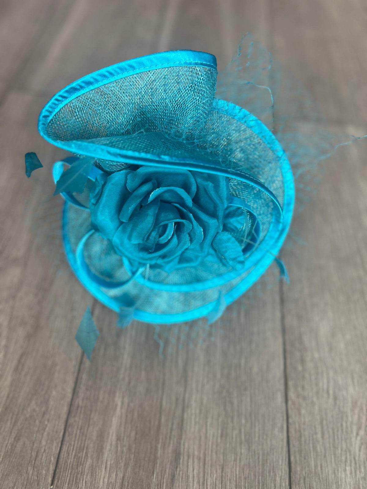 Turquoise Disc Fascinator with Fabric Rose &amp; Netting-Fascinators Direct