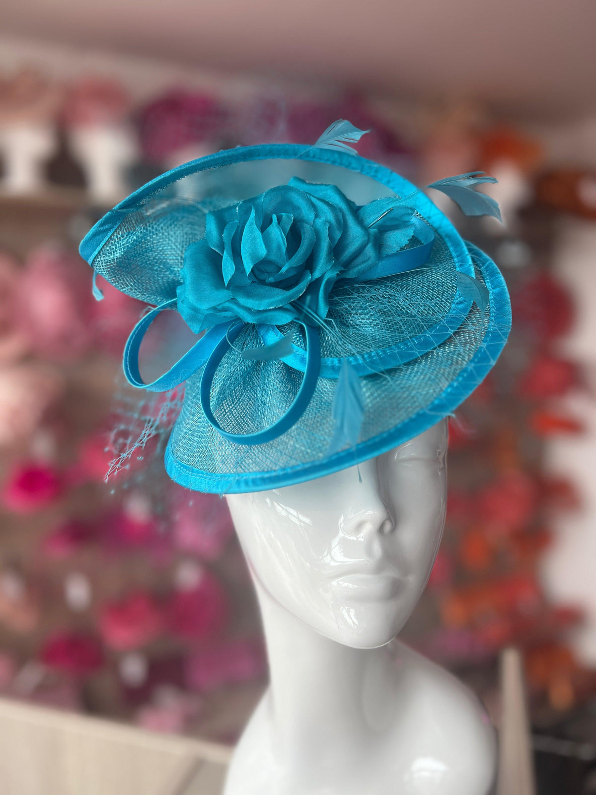 Turquoise Disc Fascinator with Fabric Rose &amp; Netting-Fascinators Direct