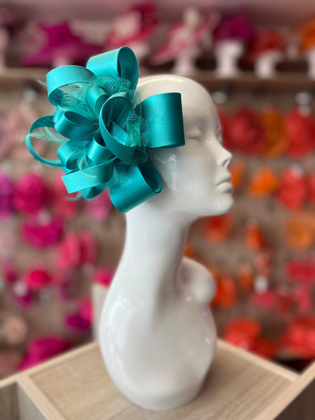 Turquoise Fascinator with Satin &amp; Sinamay Flower &amp; Feathers-Fascinators Direct