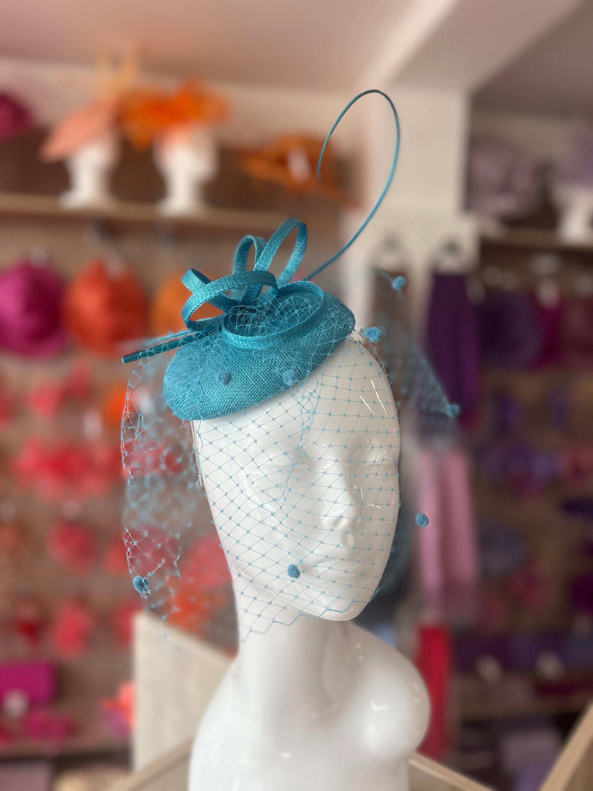 Turquoise Pillbox Hat with Veil & Curled Quill-Fascinators Direct