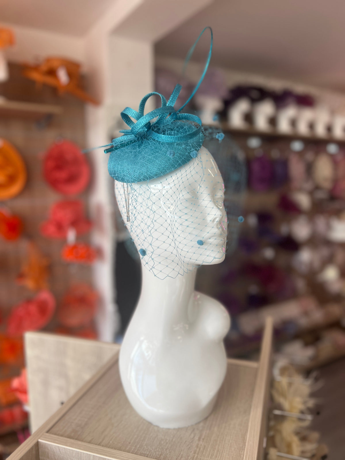 Turquoise Pillbox Hat with Veil &amp; Curled Quill-Fascinators Direct