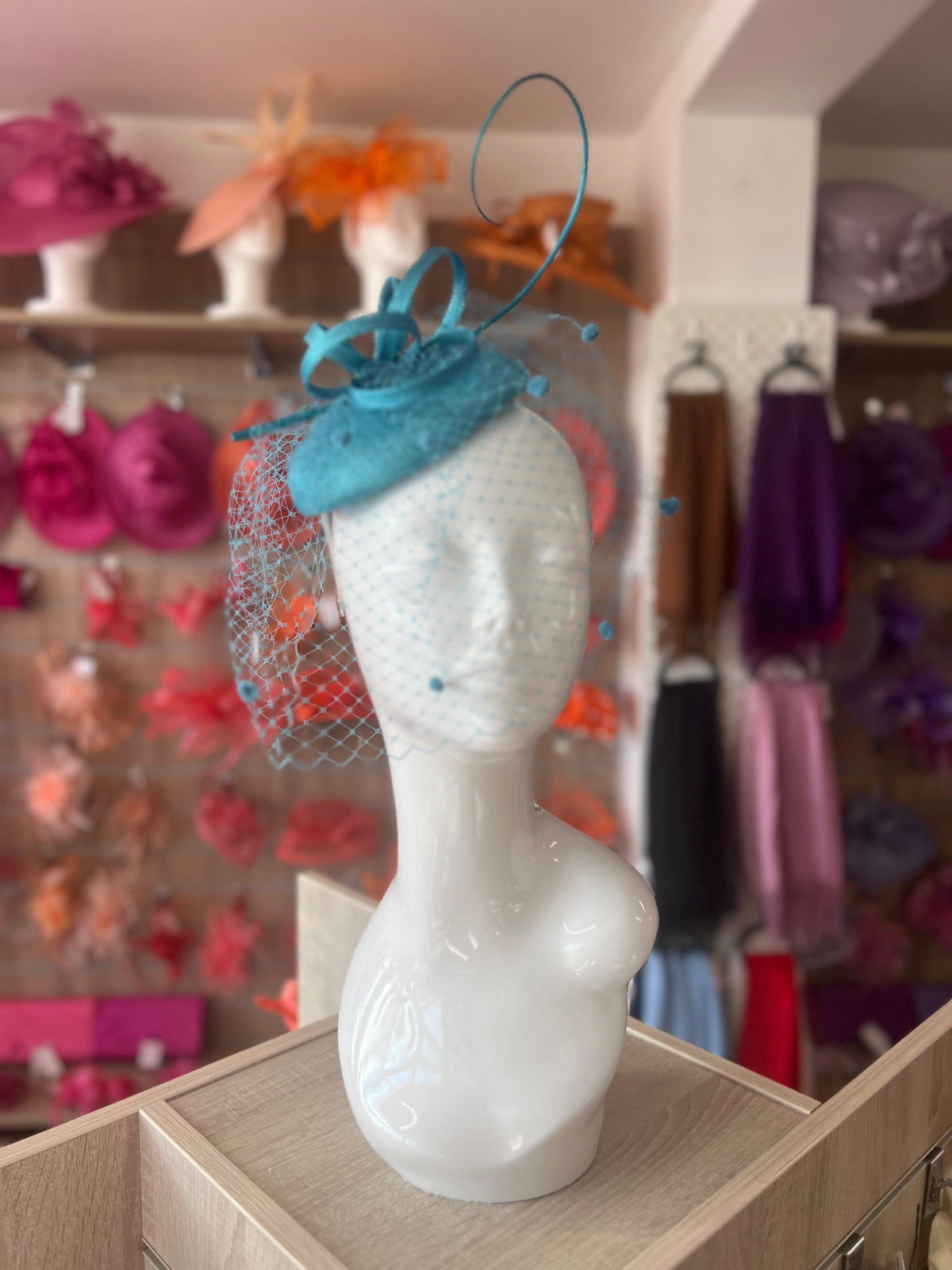 Turquoise Pillbox Hat with Veil &amp; Curled Quill-Fascinators Direct