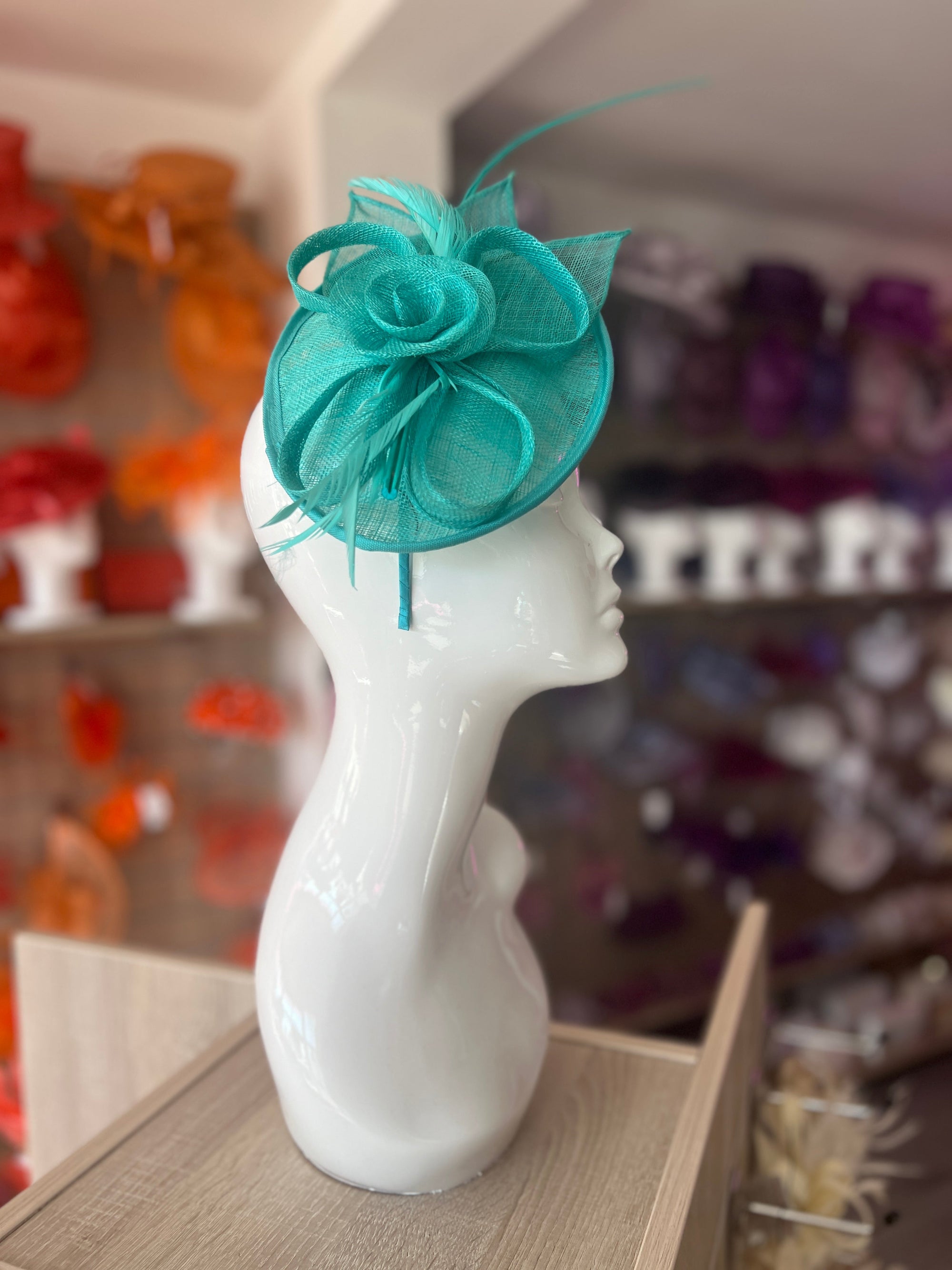 Turquoise Saucer Fascinator With Flower & Quill-Fascinators Direct