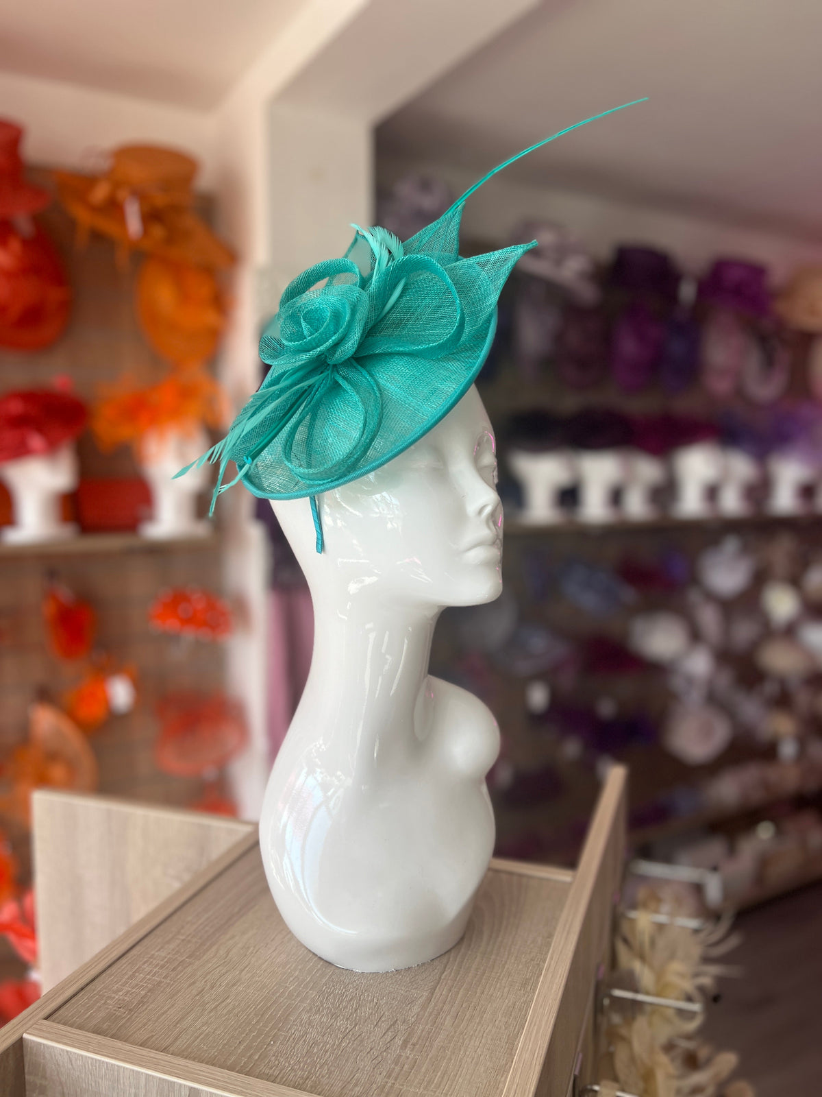 Turquoise Saucer Fascinator With Flower &amp; Quill-Fascinators Direct