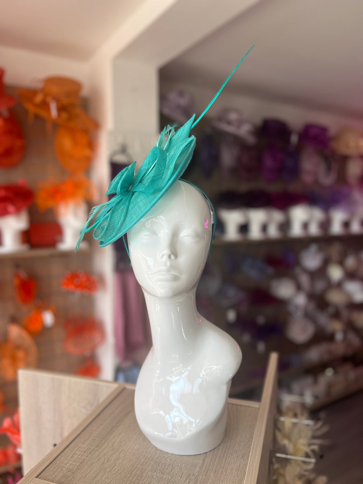 Turquoise Saucer Fascinator With Flower &amp; Quill-Fascinators Direct