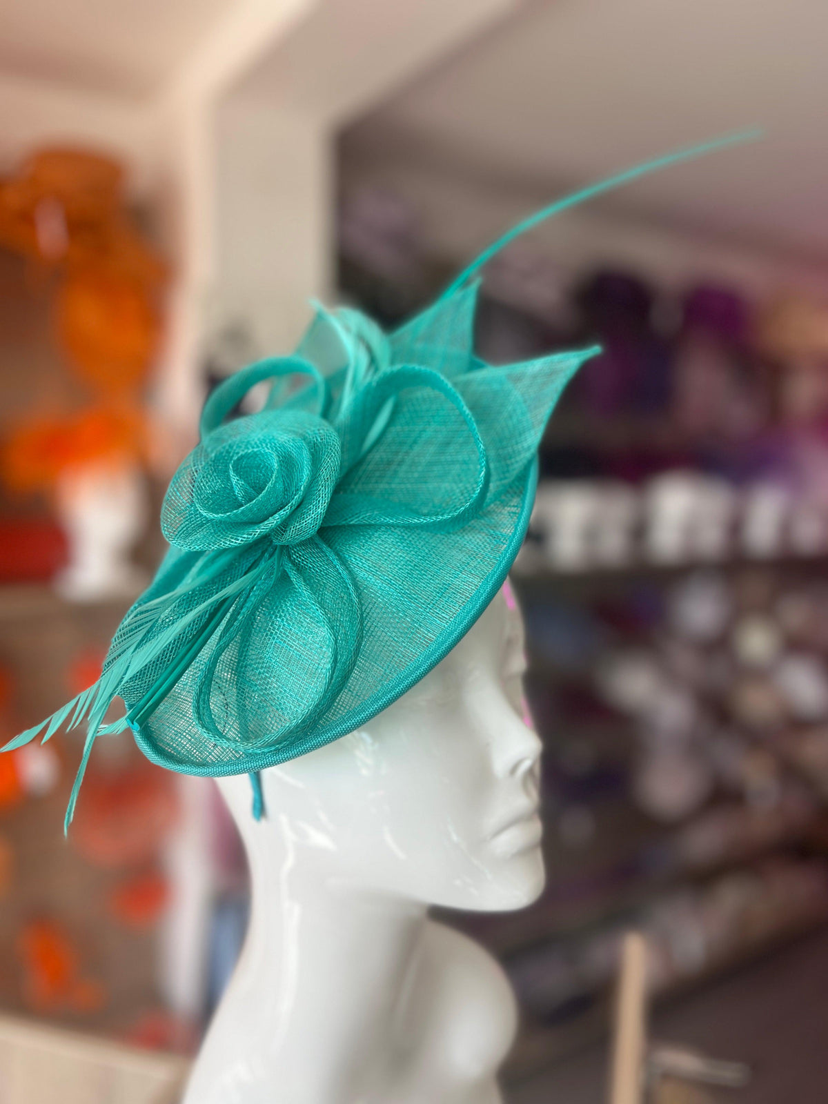 Turquoise Saucer Fascinator With Flower &amp; Quill-Fascinators Direct