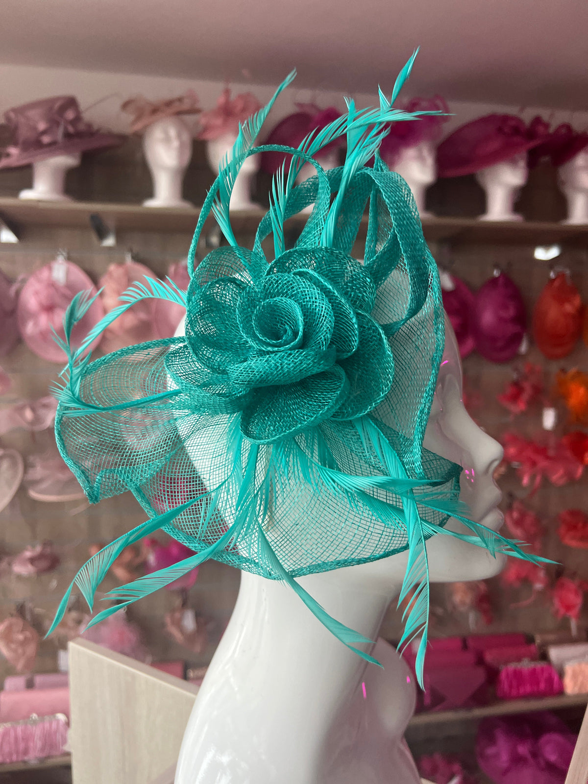 Turquoise Teardrop Fascinator With Rose &amp; Feathers-Fascinators Direct