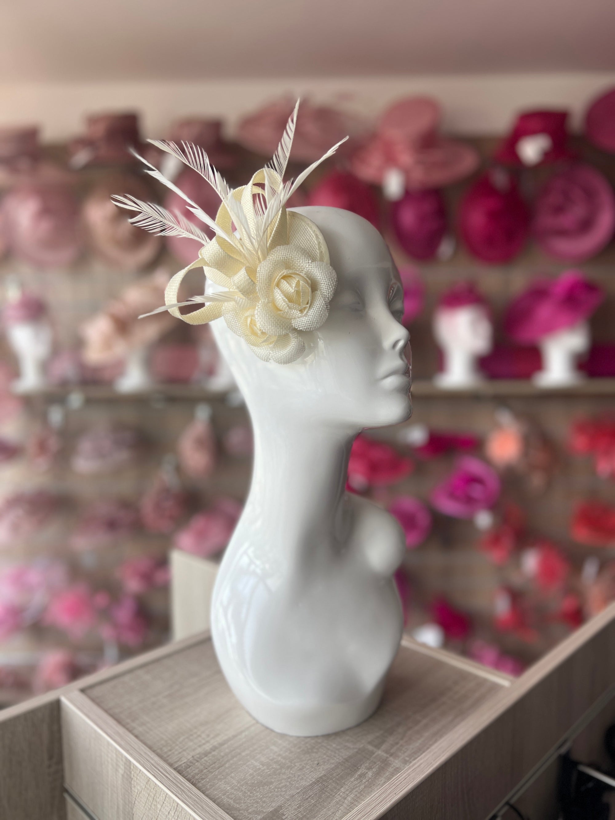 Twin Rose Cream Disc Fascinator with Sinamay Loops & Feathers-Fascinators Direct