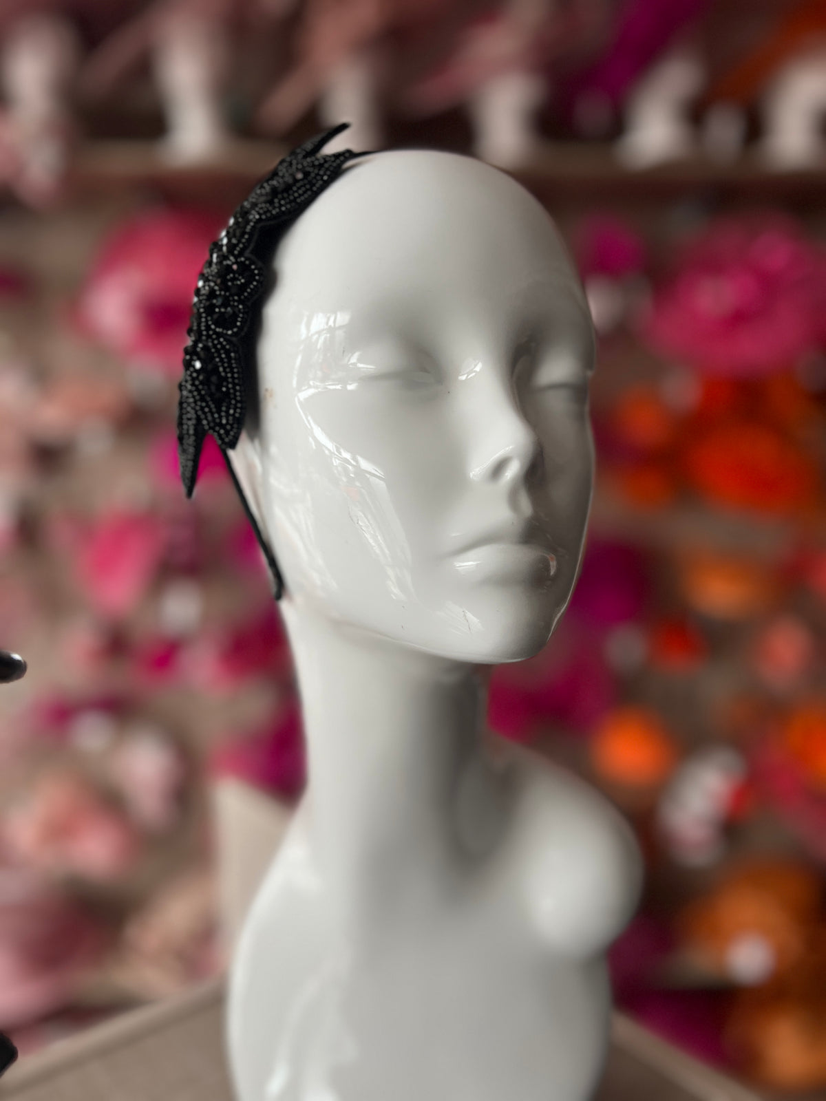 Vintage 1920's Black Flower &amp; Leaf Beaded Headband-Fascinators Direct