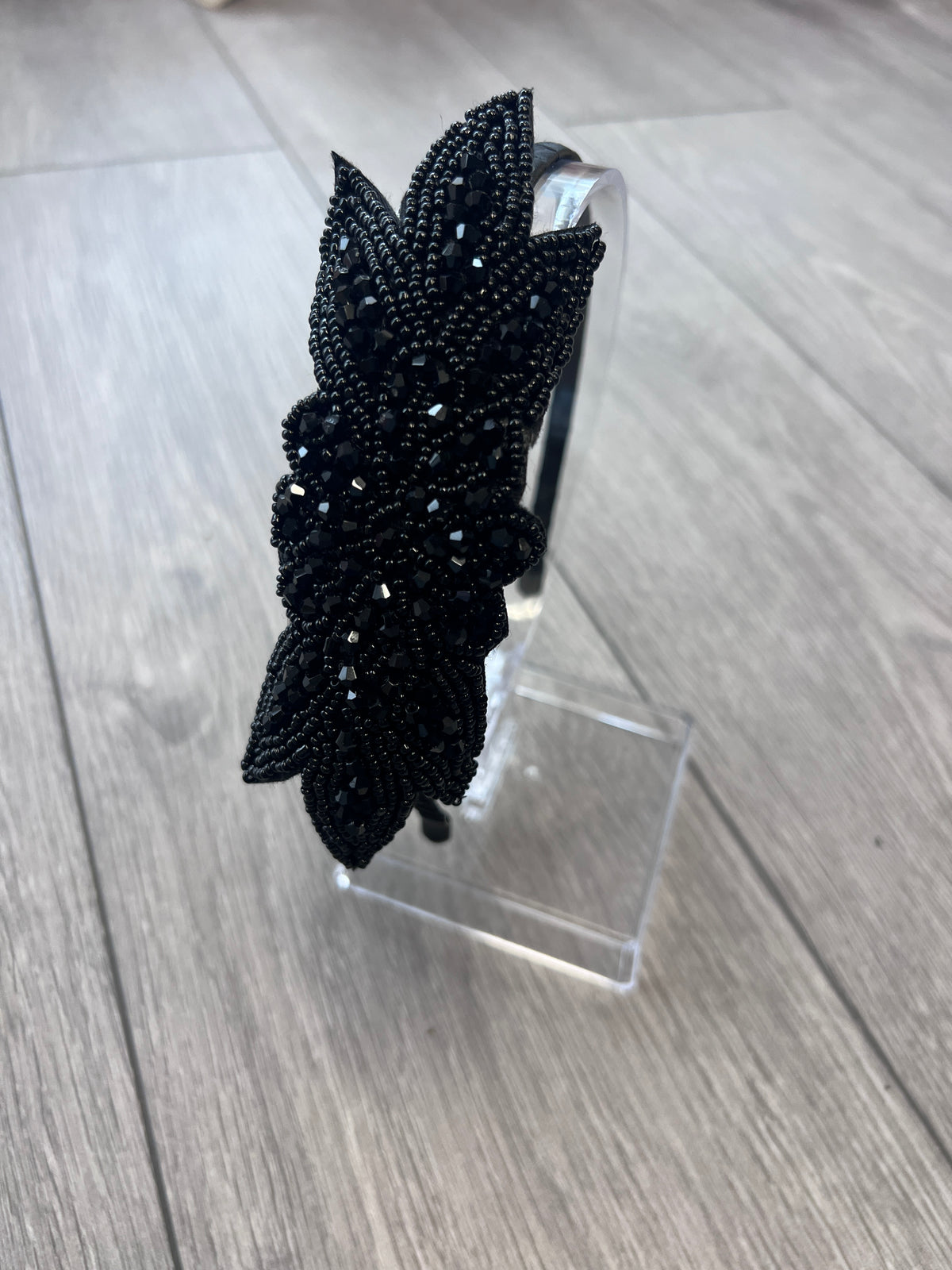 Vintage 1920's Black Flower &amp; Leaf Beaded Headband-Fascinators Direct