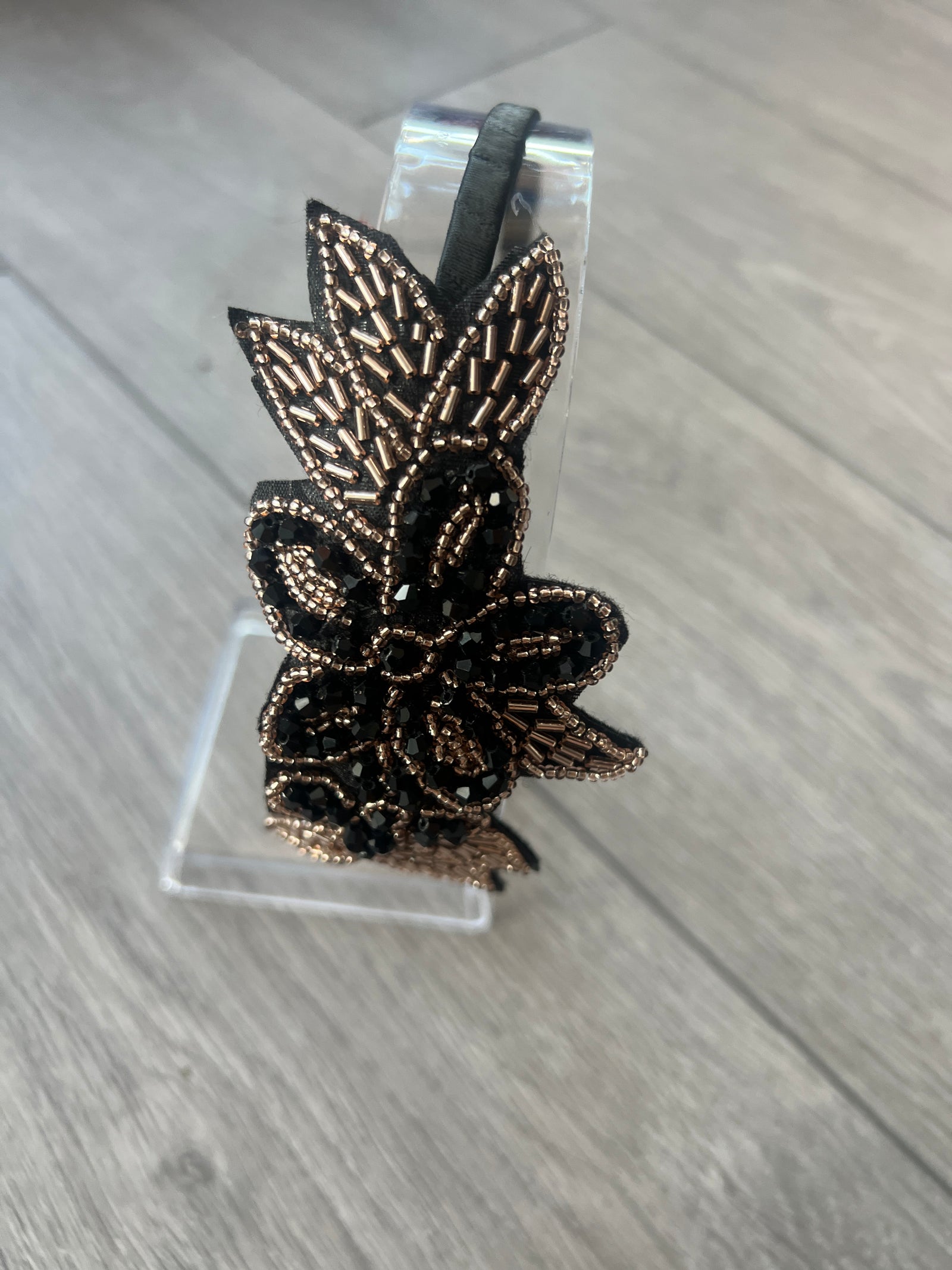 Vintage 1920's Black & Gold Flower & Leaf Beaded Headband-Fascinators Direct