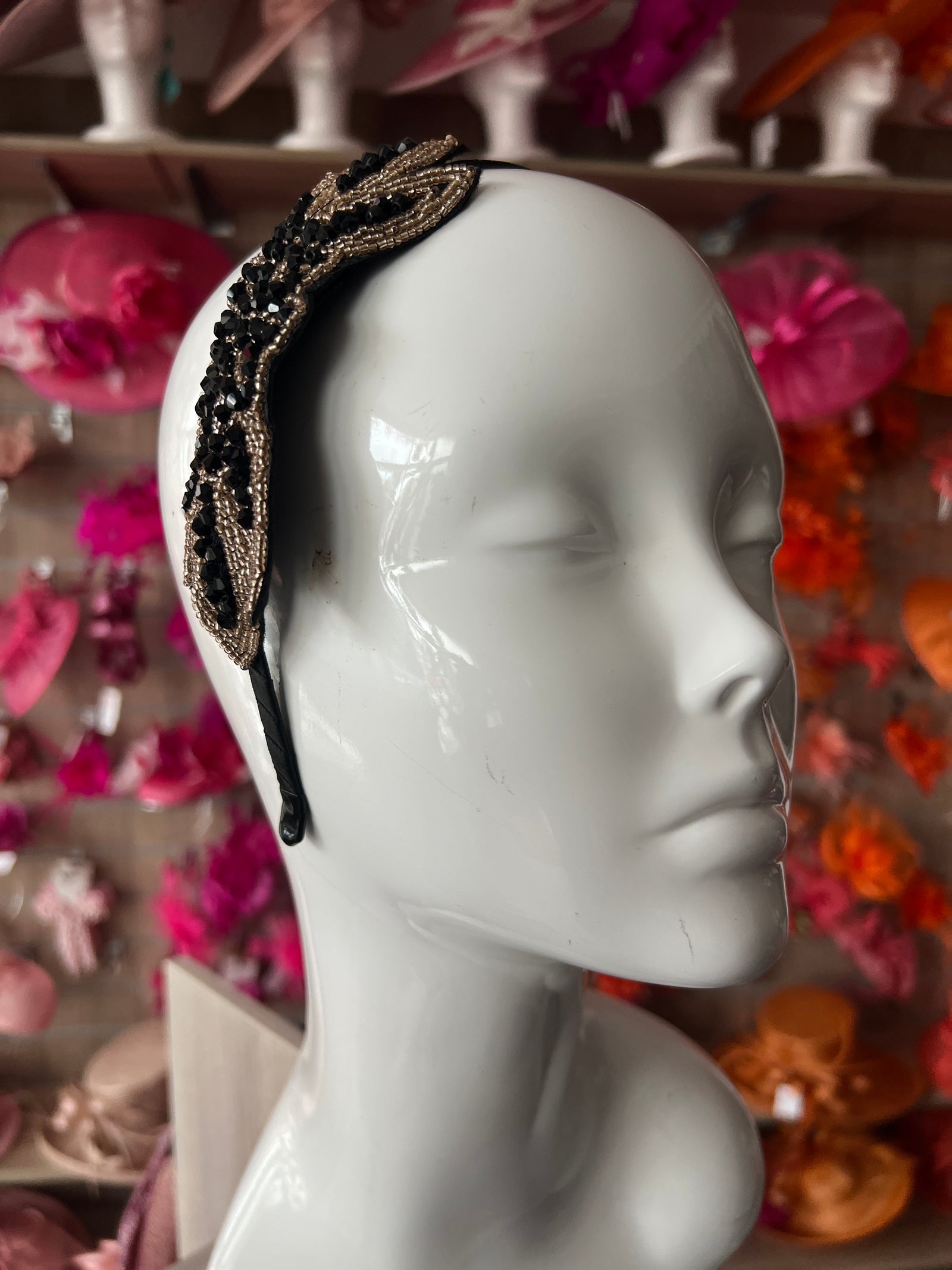 Vintage 1920's Black & Gold Flower & Leaf Beaded Headband-Fascinators Direct