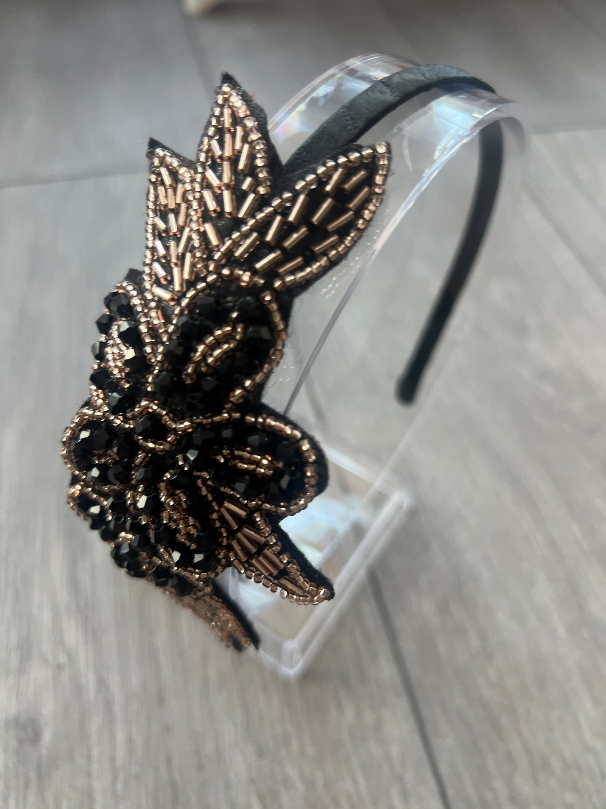 Vintage 1920's Black &amp; Gold Flower &amp; Leaf Beaded Headband-Fascinators Direct