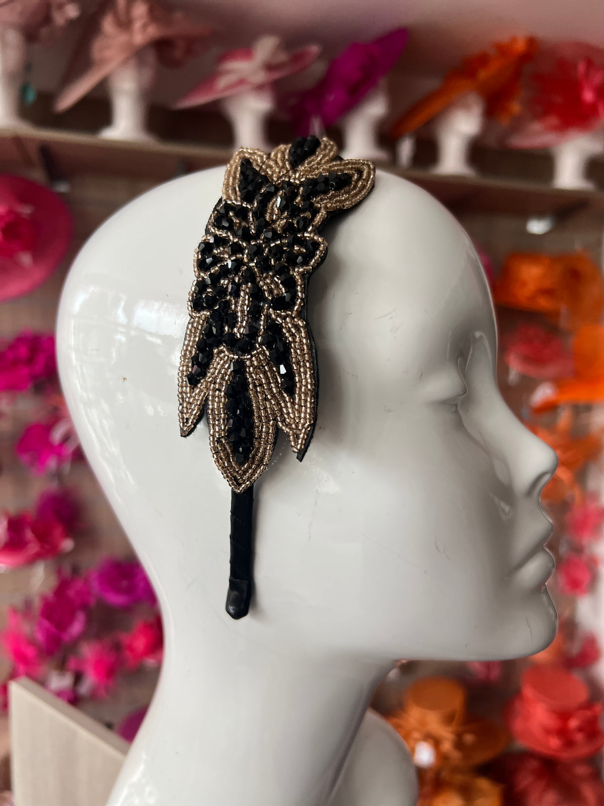 Vintage 1920's Black &amp; Gold Flower &amp; Leaf Beaded Headband-Fascinators Direct